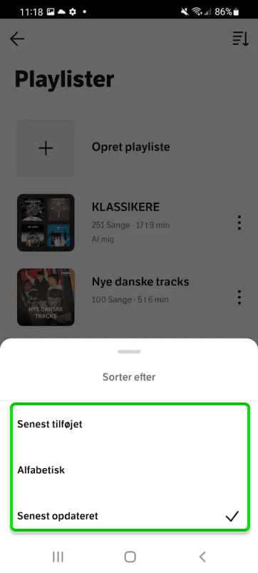 Billedet viser, hvordan du sorterer dine playlister 
