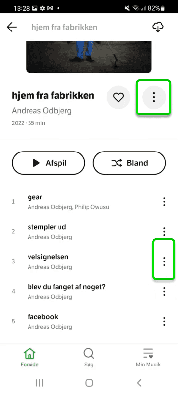 Billedet viser, at du både kan trykke på de tre prikker ud for kunstnerens navn og ud for en specifik sang.